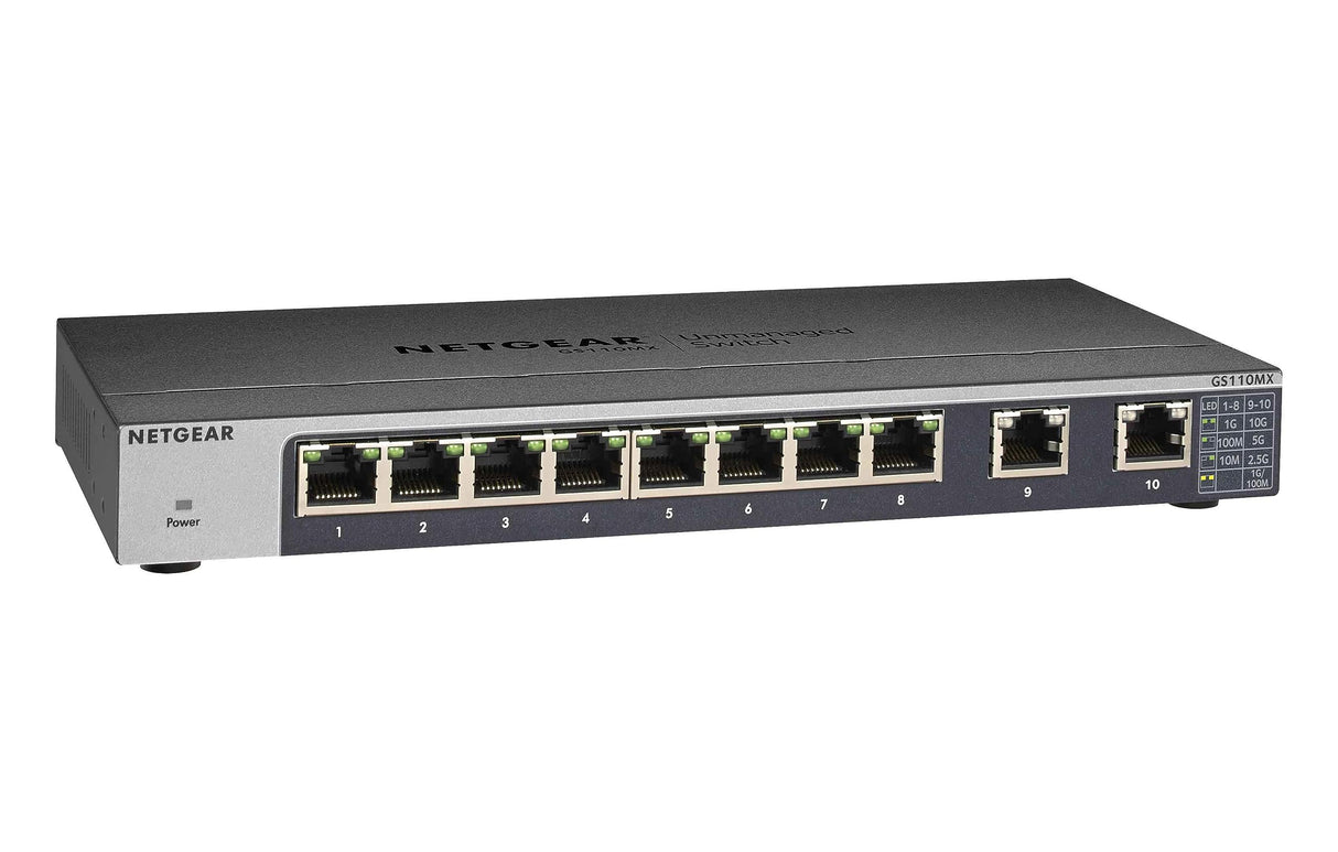 Netgear GS110MX-100UKS - Switch de red Smart Plus no gestionable (8 puertos Gigabit y 2 puertos 10G/MultiGigabit con montaje en pared o bastidor, sin ventilador) [modelo UK]