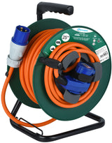 Electraline 49208 Cable Alargador con Enrollacables Industrial de 25M para Campistas, Camping, Caravana,con Doble Toma (1 CEE Industrial+1 Schuko), Enchufe CEE IEC, Cable H07RN-F 3G2.5mm IP44, Verde