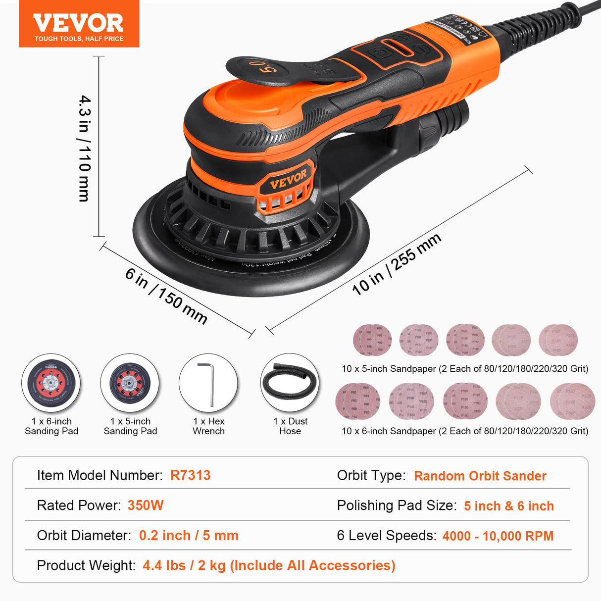 VEVOR Lijadora Orbital Aleatoria sin Escobillas de 350 W, 6 Velocidades, 10 000 PRM, 20 Papeles de Lija, Conector para Polvo y Manguera para Lijado de Detalles de Carpintería, 255 x 150 x 110 mm