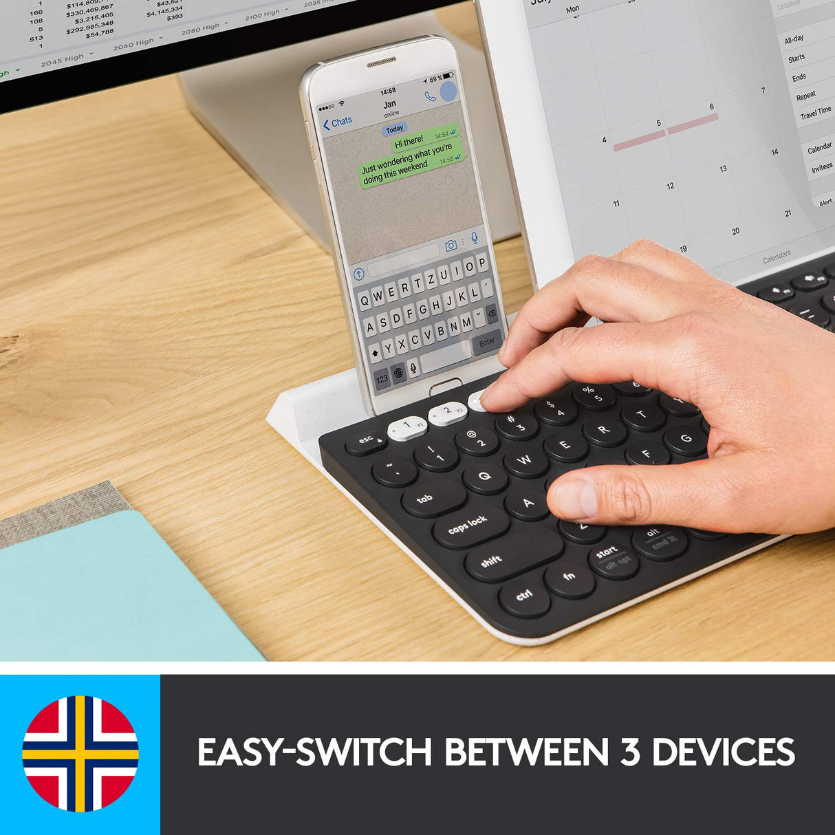 Logitech K780 RF Wireless + Bluetooth QWERTY Pan Nordic Gris, Color Blanco Teclado – Teclados (RF Wireless, Inalámbrico, Universal)