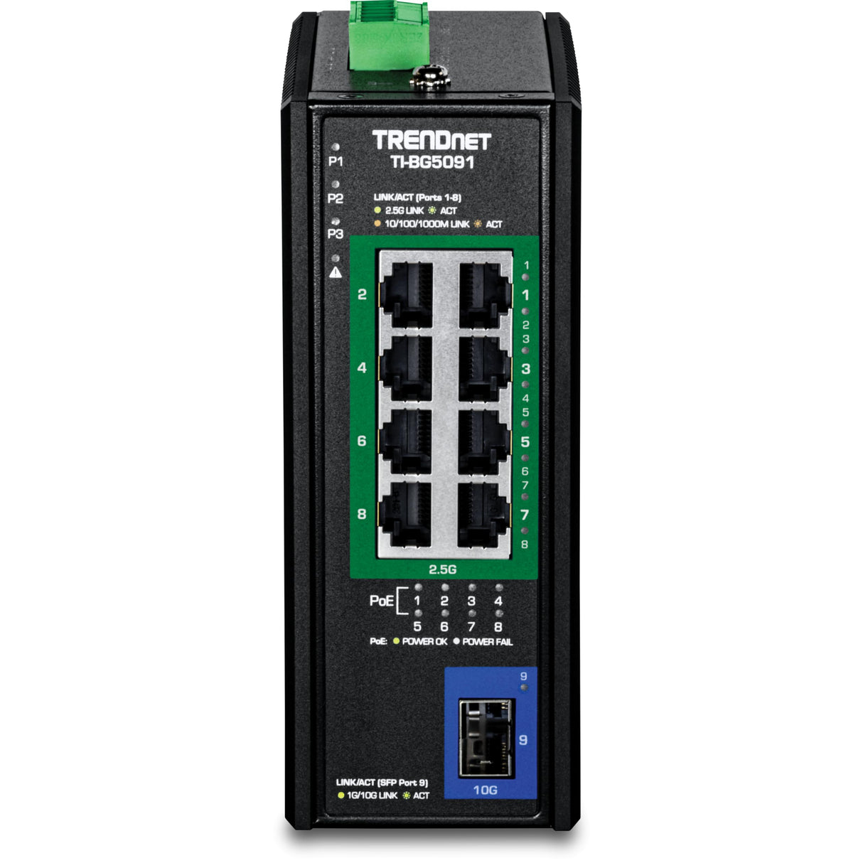 TRENDnet, TI-BG5091, Switch PoE++ DIN-Rail Industrial de 9 Puertos 2.5G con Puerto SFP+ 10G, multigigabit, 8 Puertos PoE++ 2.5G, 1 Puerto SFP+ 10G, presupuesto de Potencia PoE de 480 W, 60 Gbps