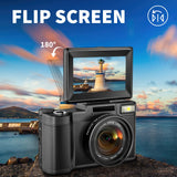 SWAGITLOUD Cámara Digital 4K 48MP Vlogging para YouTube con Zoom Digital 16X, Función Macro y Flash Elevable, Compacta con Pantalla Abatible de 3 Pulgadas 180°, Tarjeta TF de 32 GB, 2 Baterías, Negra