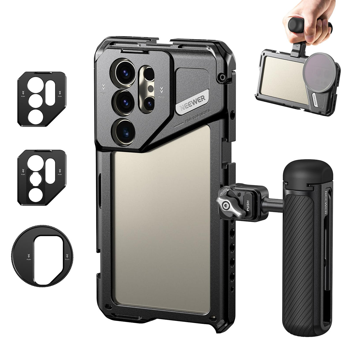 NEEWER Estabilizador de Jaula de teléfono S24 Ultra con Mango Lateral, Adaptador de Filtro de 67 mm, Placa Trasera de Lente de 17 mm, Adaptador de Lente de Montaje en T, Equipo de Video