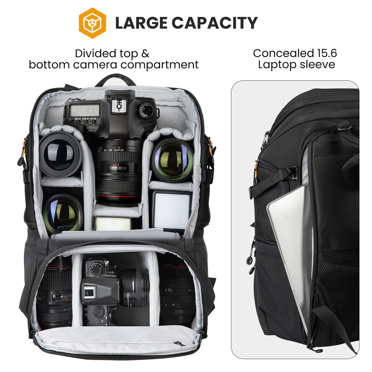 TARION Mochila para cámara Mochila impermeable para cámara Mochila para cámara Mochila grande para fotografía Acceso lateral con compartimento para computadora portátil de 15,6''