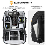 TARION Mochila para cámara Mochila impermeable para cámara Mochila para cámara Mochila grande para fotografía Acceso lateral con compartimento para computadora portátil de 15,6''