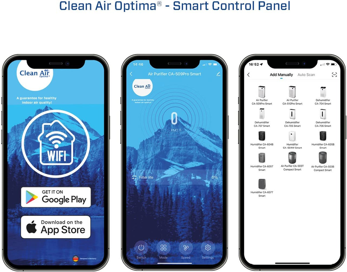 Clean Air Optima CA-509Pro SMART Purificador de aire inteligente HEPA UV-C - Ventilador muy silencioso < 10 dB(A) - 400 m³ de aire sin partículas por hora - Adecuado para habitaciones de hasta 90
