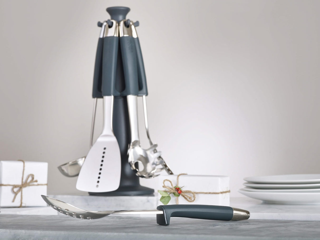 Joseph Joseph Elevate Juego de Utensilios de Cocina 6 Piezas con Soporte Giratorio, Mangos de Silicona Ergonómicos, Acero Inoxidable