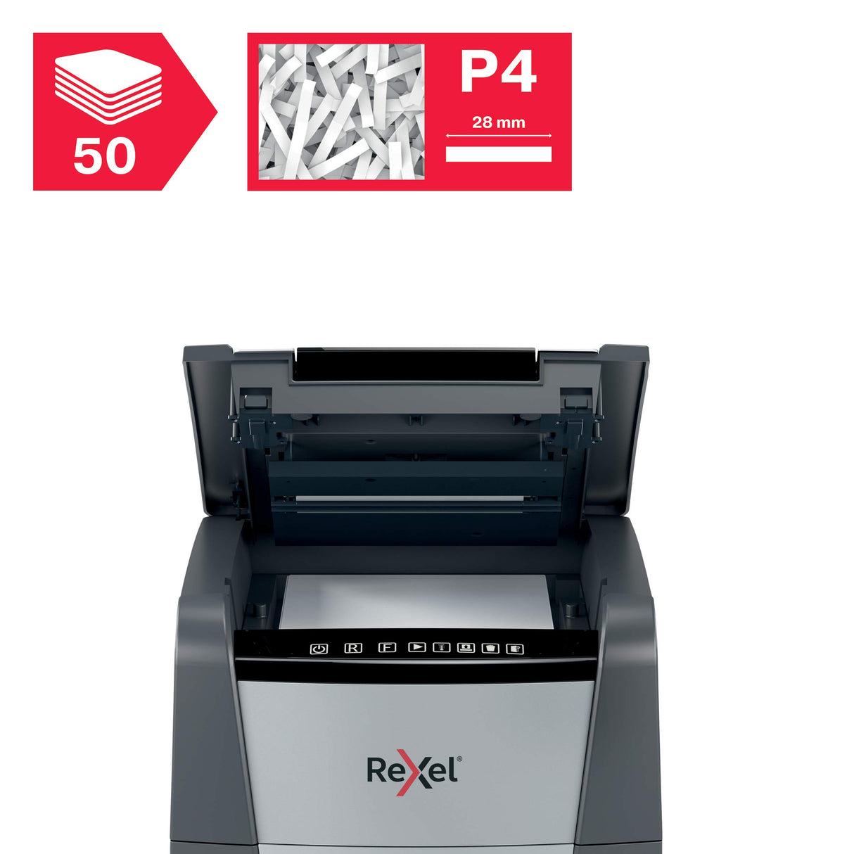 Rexel 2020050XEU - Destructora de Papel Personal/Home Office Optimum AutoFeed 50X, Corte en Partículas, Destruye 50 Hojas, Papelera de 20L, Pensada para Uso Doméstico, Destrucción de Alta Seguridad P4