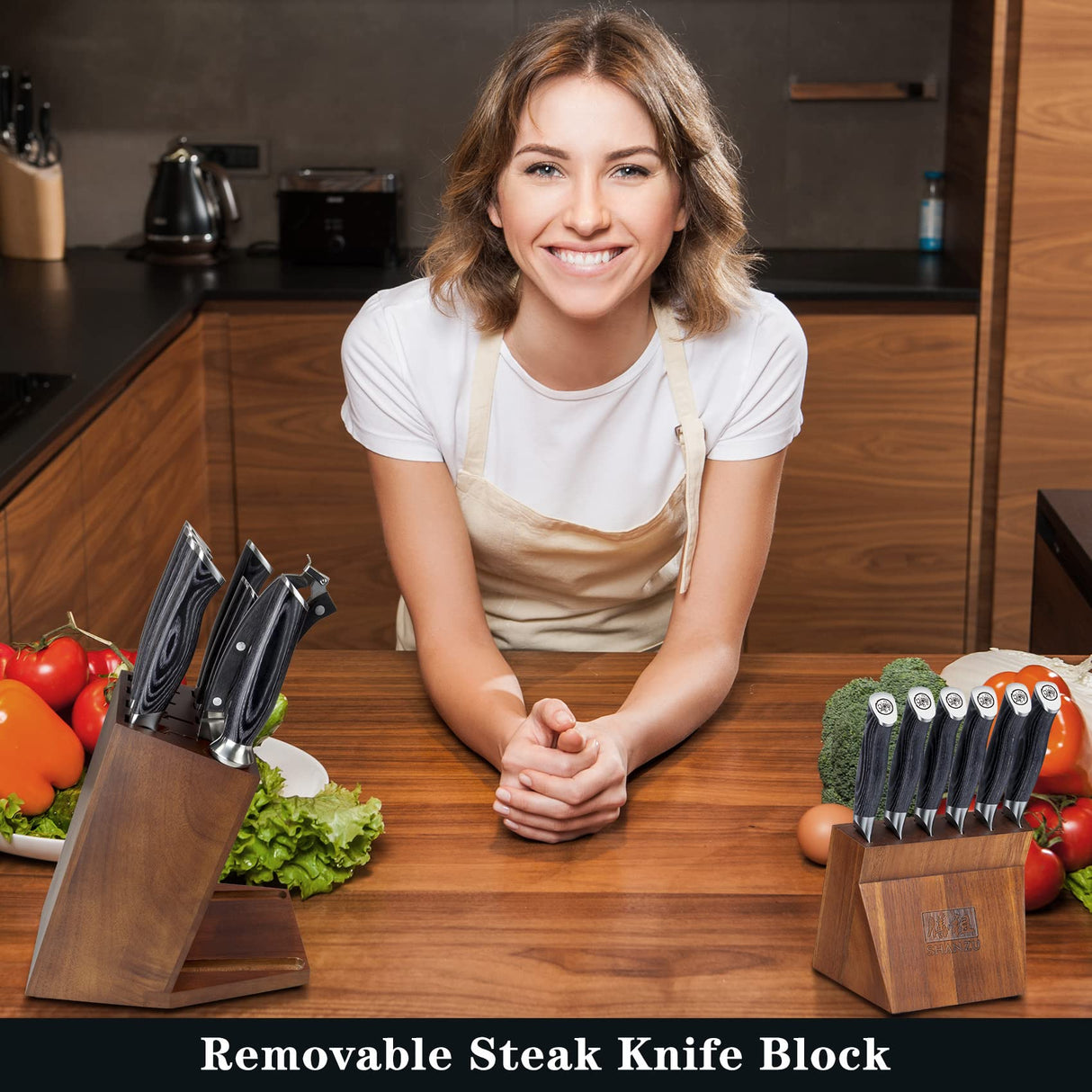 SHAN ZU Juegos de Cuchillos con Bloque, Juego de Bloque de Cuchillos, Juegos de Cuchillos de Cocina Japoneses de Súper Acero con Bloque Extraíble y Mango Ergonómico K133, Serie Genbu de Tortuga Negra