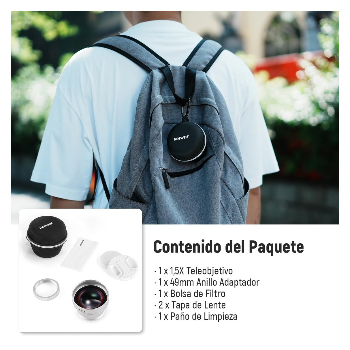 Neewer Teleconvertidor de Lente Adicional de 49 mm 1.5X, Compatible con cámaras Fujifilm X100 X100S X100F X100T X100V X100VI, Vidrio óptico HD, Multicapa, Plateado, LS-61