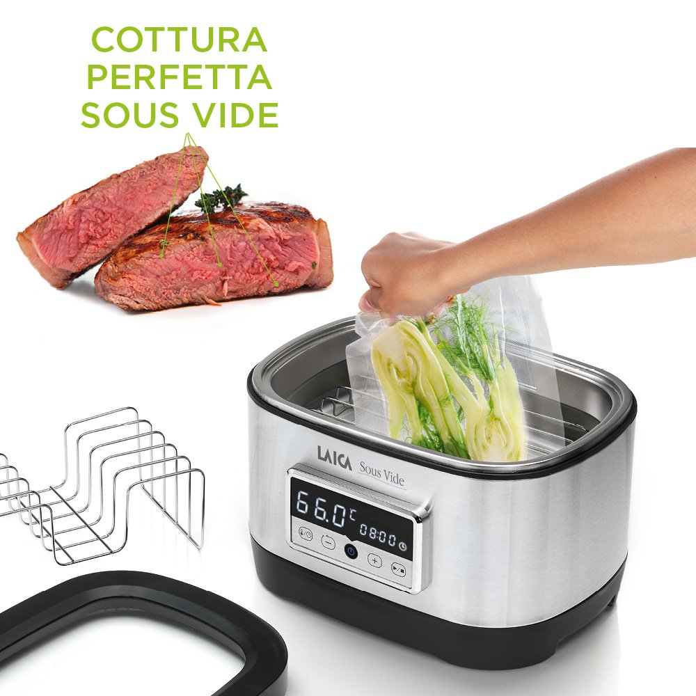 Horno de agua para la cocción Sous Vide (a baja temperatiura) Laica SVC200 en acero inoxidable, incluye rejilla y bolsas de vacío.