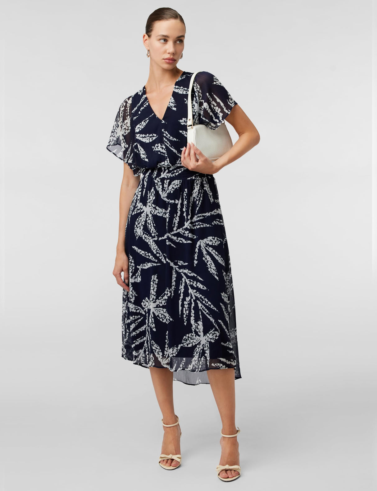 DKNY V-Neck Flutter Sleeve Dress Vestido, Azul Marino/Marfil, 38 Mujeres