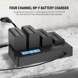 NEEWER 4pcs NP-F750 7.4V 5600mAh Batería de Repuesto con Cargador de 4 Canales y Adaptador de Corriente, Compatible con NP-F550/750/770/970 FM500H QM71D QM91D, Monitores de Campo, Luces de Video