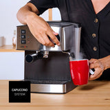 Minimoka - Cafetera espresso | 2 cacillos para 1 o 2 cafés | 15 bar | 850W | Vaporizador | 1.6L | Café molido o monodosis | Bandeja calienta tazas | Filtro Extra Cream | Inox