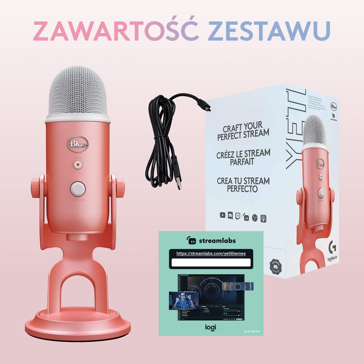Logitech G Blue Yeti Micrófono USB para Streaming de Gaming, Software Blue VO!CE, PC, Podcast, Estudio, Mic para Ordenador, Temas únicos de Streamlabs, Acabado de Edición Especial - Rosa