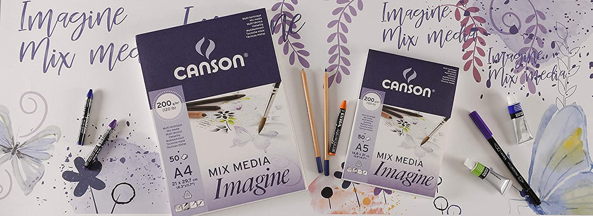 Pack de 4 Blocs Encolados, A2, 50 Hojas, Canson Mix Media Imagine, Grano Fino 200g