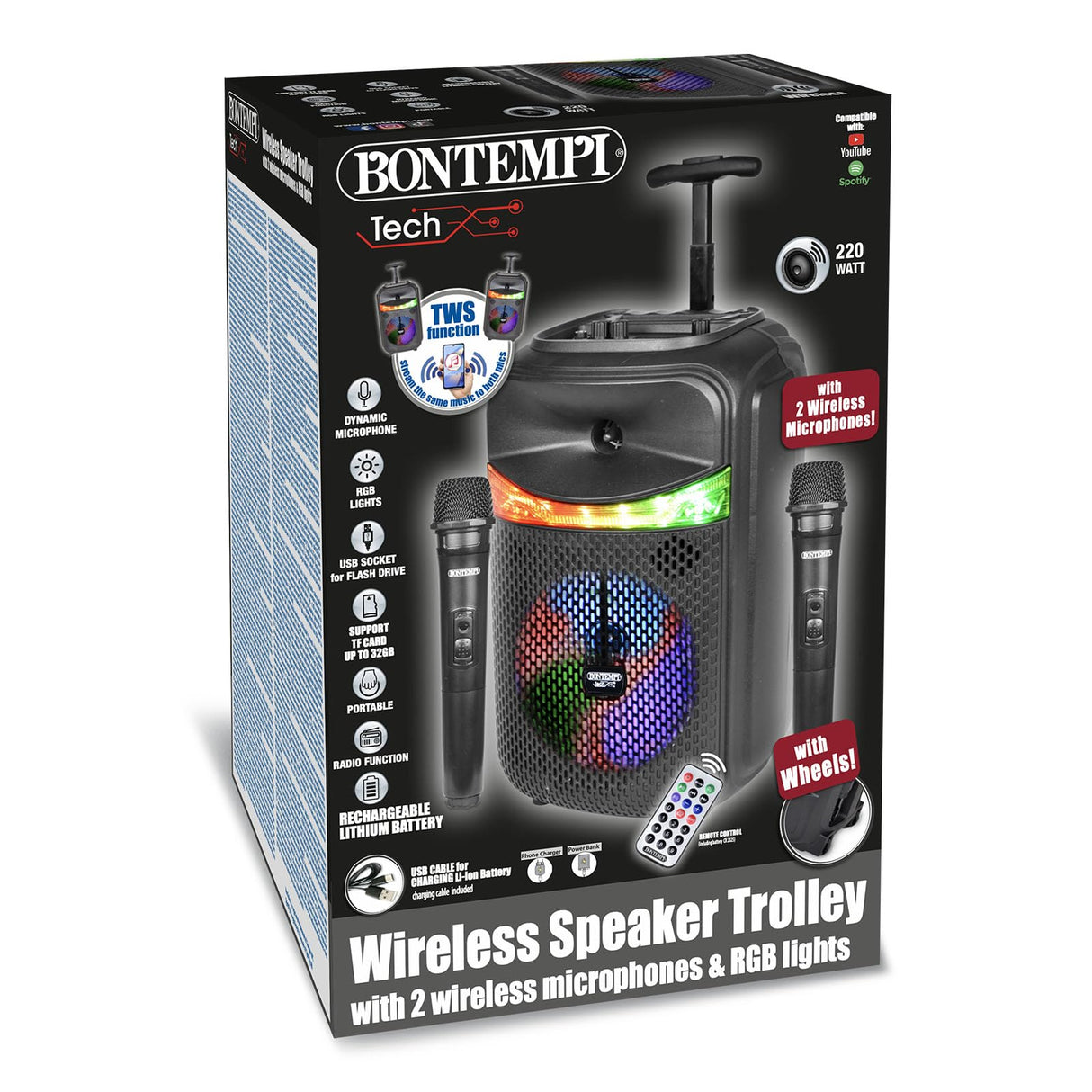 Bontempi | Altavoz Acústico Trolley Inalámbrico con 2 Micrófonos Inalámbricos, Luces RGB, Mando a Distancia, Pantalla, Función TWS, 39.5x22.5x19 cm