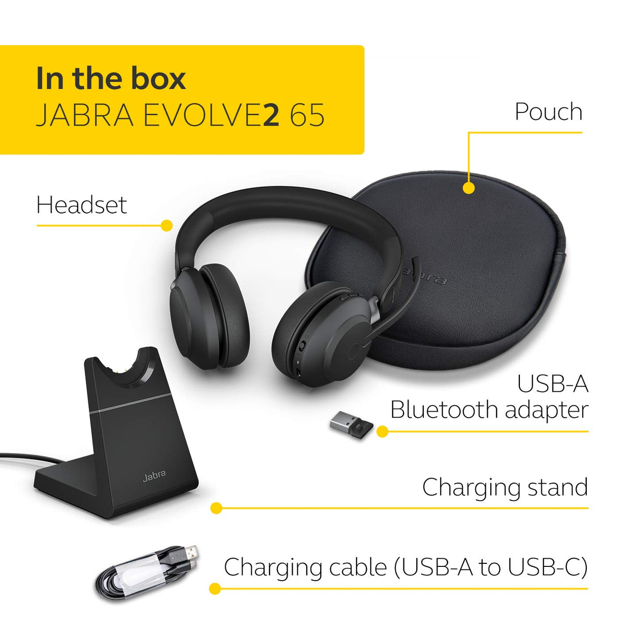 Jabra Evolve2 65 Auriculares Inalámbricos Estéreo PC con Soporte de Carga - Certificados para plataformas UC - Batería de Larga Duración - Adaptador Bluetooth USB-A - Negro