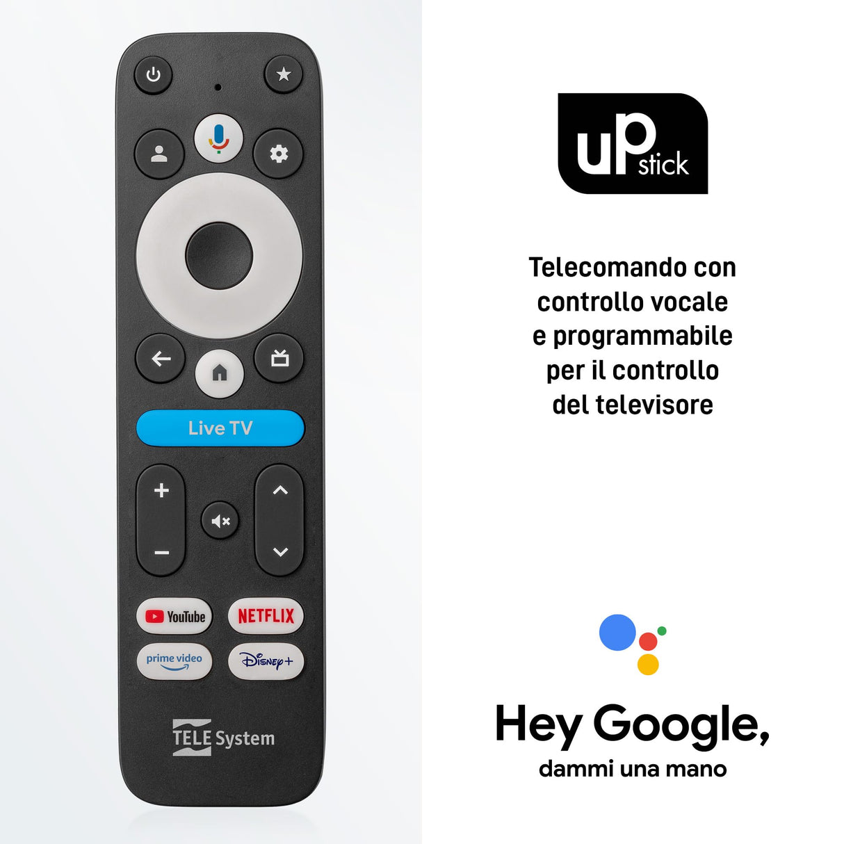 TELE System UP Stick Google TV 4K UHD HDMI,Wi-Fi de doble banda,Dolby Vision/Atmos,Asistente de Google,32 GB,HDR10+,mando a distancia con control por voz 2 en 1, streaming de los canales más populares