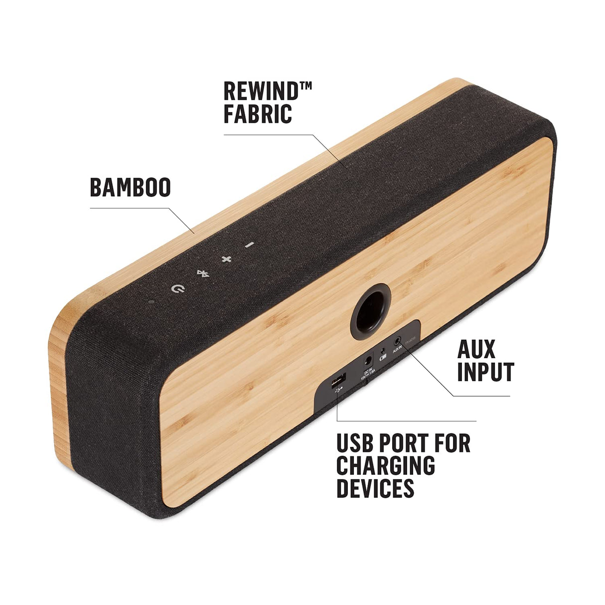 Marley Get Together Altavoz Portátil con Bluetooth - Parlante Inalámbrico con Entrada Auxiliar, USB, Woofers, Materiales Sustentables, Bambú, Tela REWIND, Aluminio Reciclado – Negro