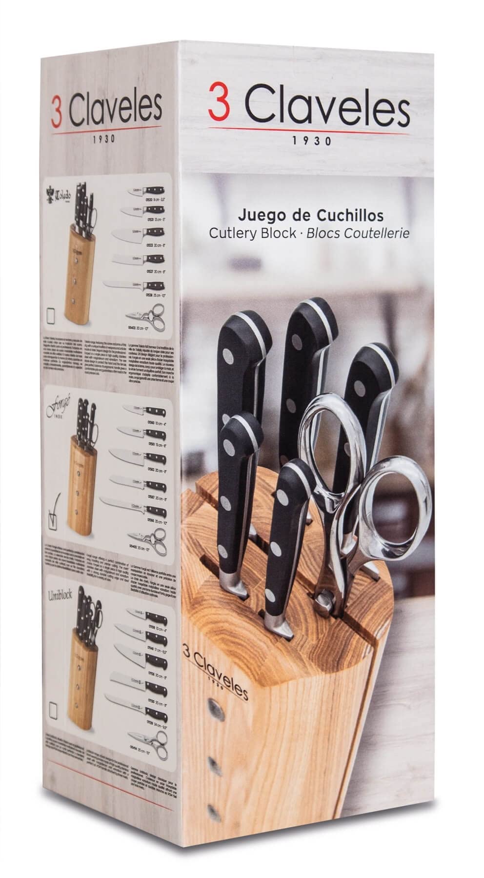 3 CLAVELES Juego Cocina, Madera,Acero Inoxidable, 5 Cuchillos Ash Toledo + 1 Tijera Star, 1637
