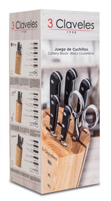 3 CLAVELES Juego Cocina, Madera,Acero Inoxidable, 5 Cuchillos Ash Toledo + 1 Tijera Star, 1637