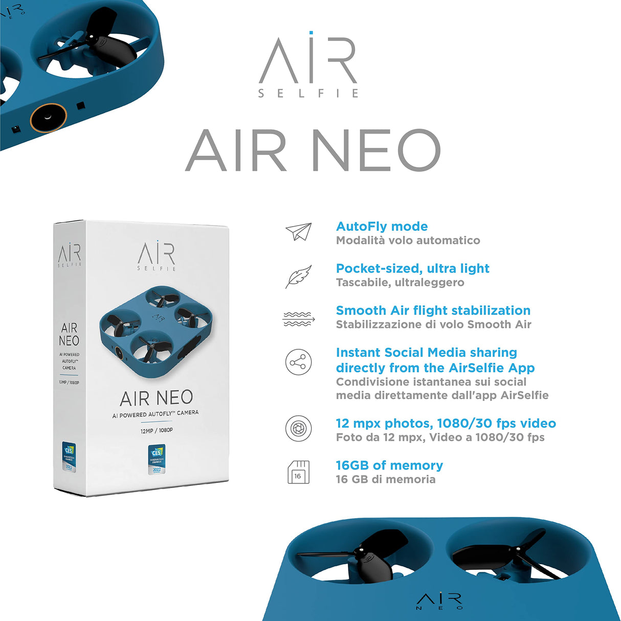 AIR NEO by AirSelfie - Cámara Aérea con Vuelo Automático de Bolsillo, Mini Drone para Fotos y Videos de Manos Libres, Cámara de 12MP para Fotos de Alta Resolución y Video en 2K, Color Azul