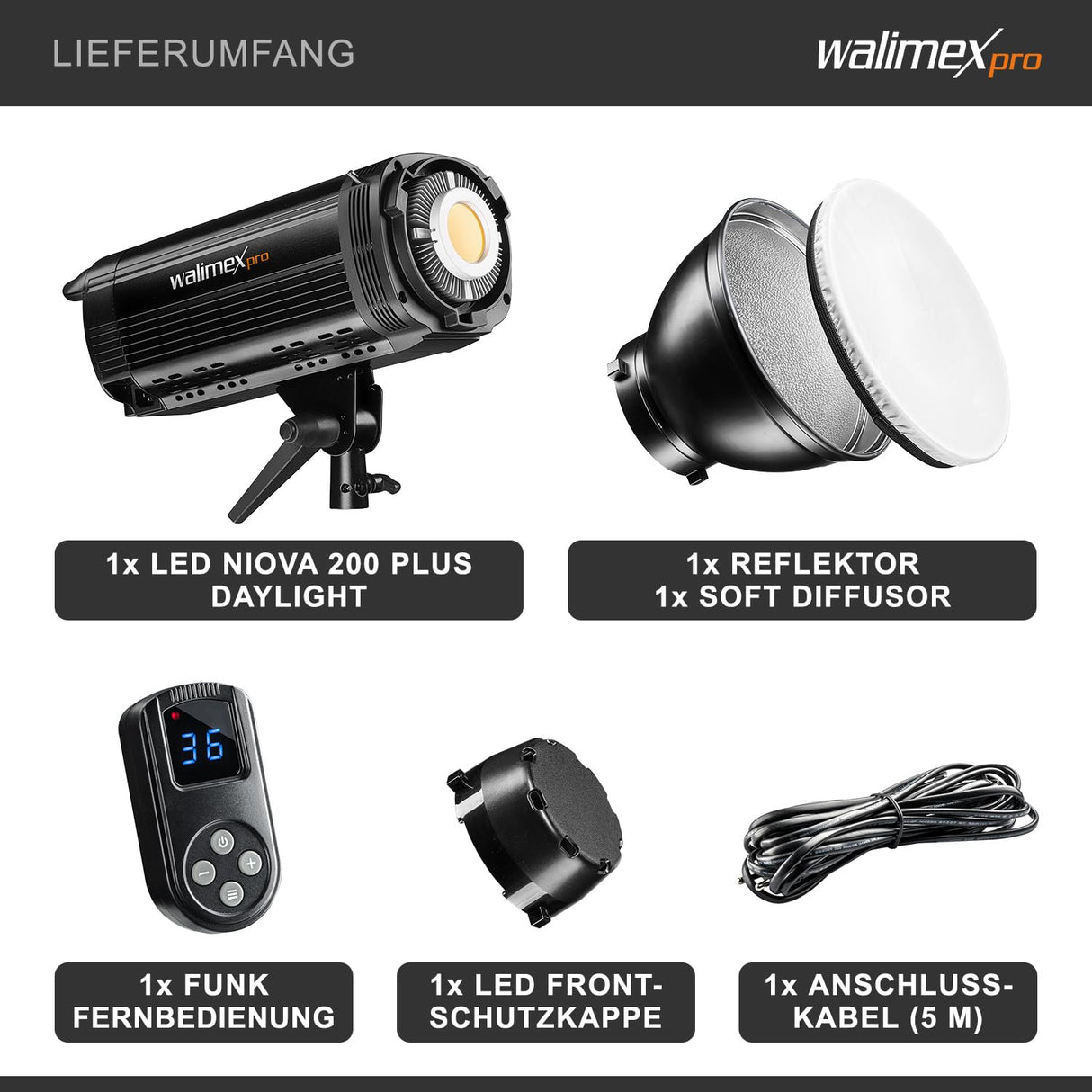 Walimex pro Niova 200 Plus - Lámpara de vídeo LED Regulable con Reflector Bowens y difusor Suave, luz de Estudio con tecnología LED COB I 5600 K, CRI=93 I, Intensidad Regulable de 10 a 100%