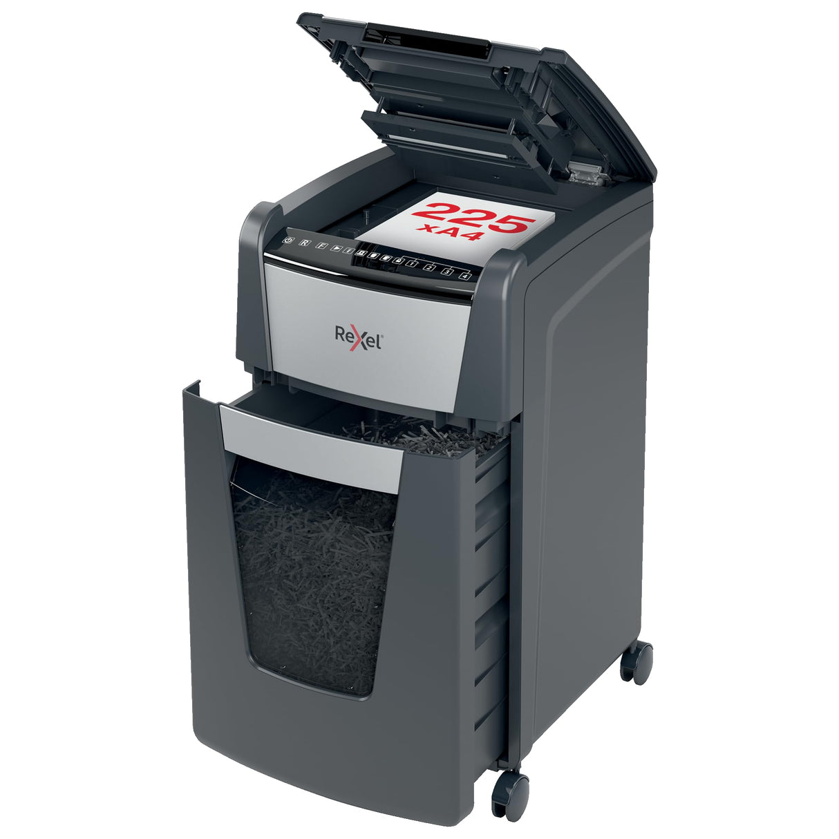 Rexel 2020225X - Destructora Automática Rexel Optimum AutoFeed 225X de Corte en Partículas P4 para Oficina, Destruye Hasta 225 Hojas a la Vez, Papelera Extraíble de 60 Litros, con Ruedas y Silenciosa