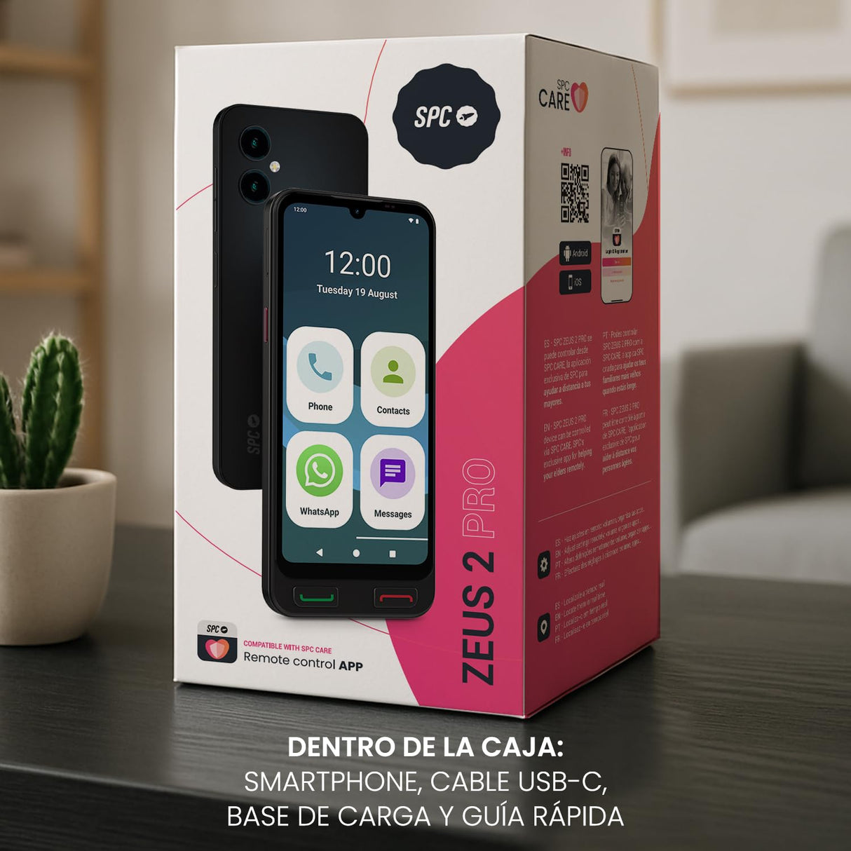 SPC Zeus 2 Pro - Smartphone para Mayores Compatible con App para Control y ubicación remota | Modo fácil, Botones físicos, Iconos XXL | 6,1”, Dos cámaras, 128GB | Base de Carga, botón SOS