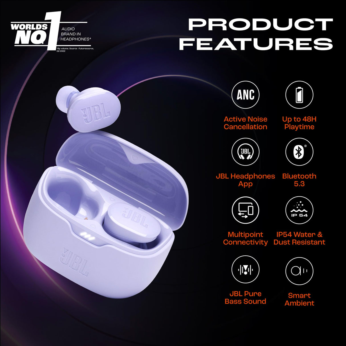 JBL Auriculares Tune Buds In-Ear, inalámbricos, resistentes al agua, cancelación de ruido y tecnología de 4 micrófonos, con batería de hasta 48 horas de duración, en morado