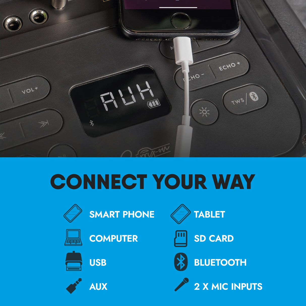 Carry-on Soundtrack Altavoz Bluetooth portátil para Interiores y Exteriores con Luces integradas IPX4 a Prueba de Salpicaduras, 2 entradas de micrófono, Bluetooth, 3 Horas de reproducción