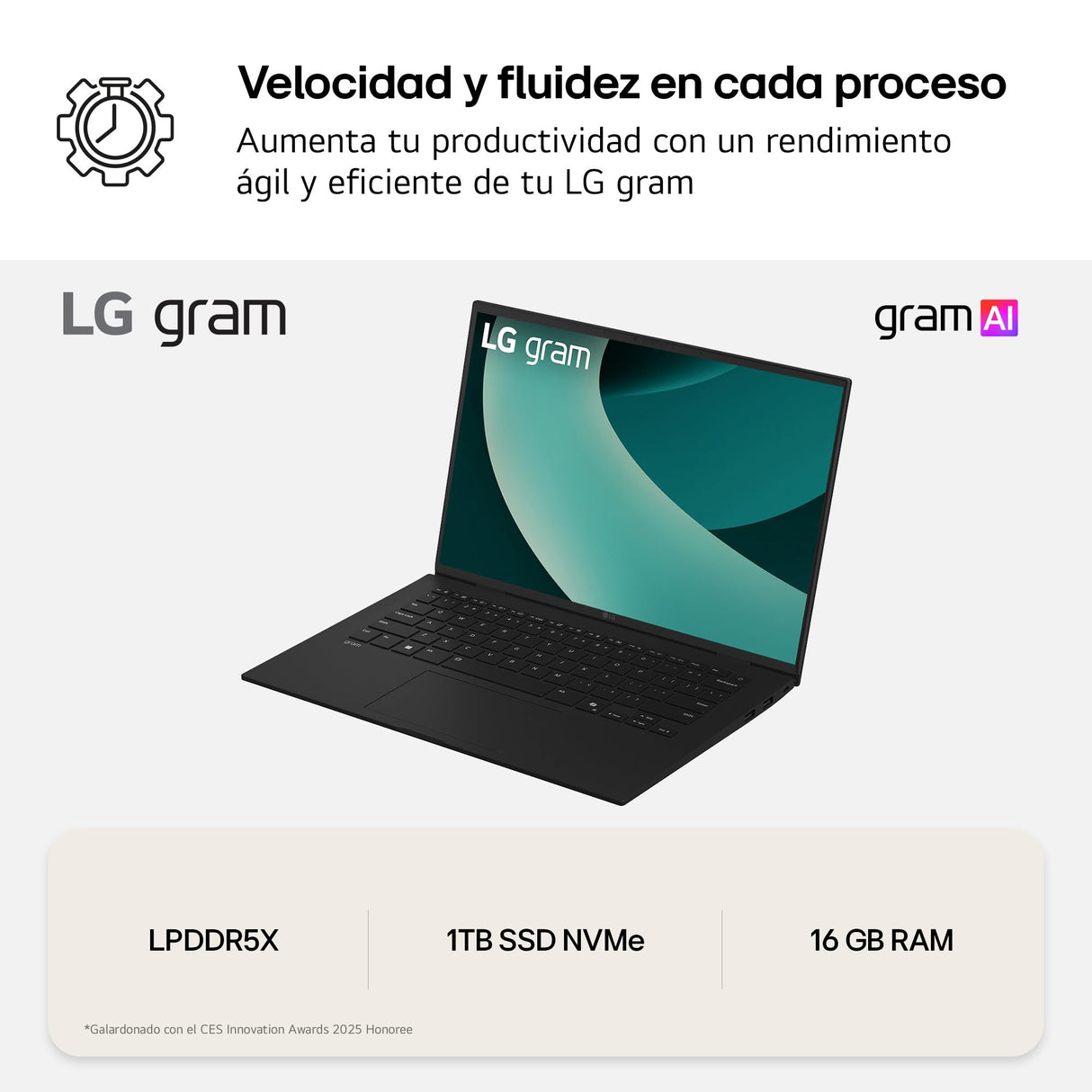 LG gram 17Z90T-G.AD8BB Ordenador Portátil 17 Pulgadas Intel Core Ultra7 255H, 32 GB RAM, 2TB SSD, Panel IPS Antirreflejo, WQXGA, 1.350 g, 20 Horas, Windows 11 Home, Negro, Teclado QWERTY Español