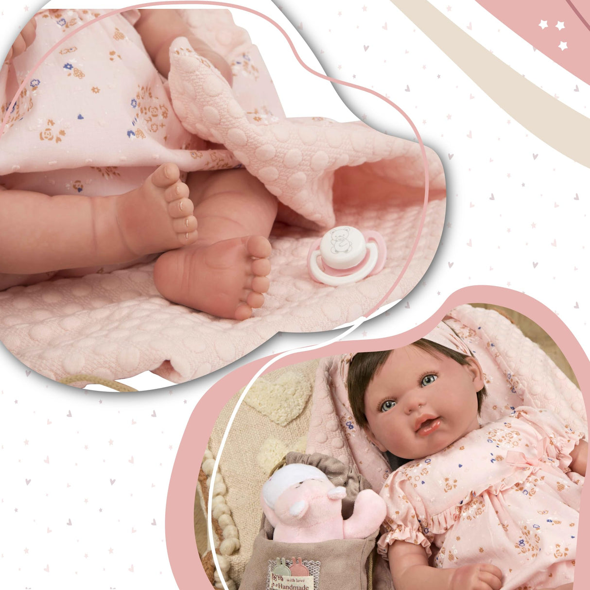 ARIAS - Muñeca Reborn Esther de 45 cm con Manta y Peluche, Bebé Realista con Ropita Rosa, Chupete y Chupetero, Extremidades de Vinyl y Cuerpo Blando, Juguete para Niños y Niñas +3 años (ARI98083)