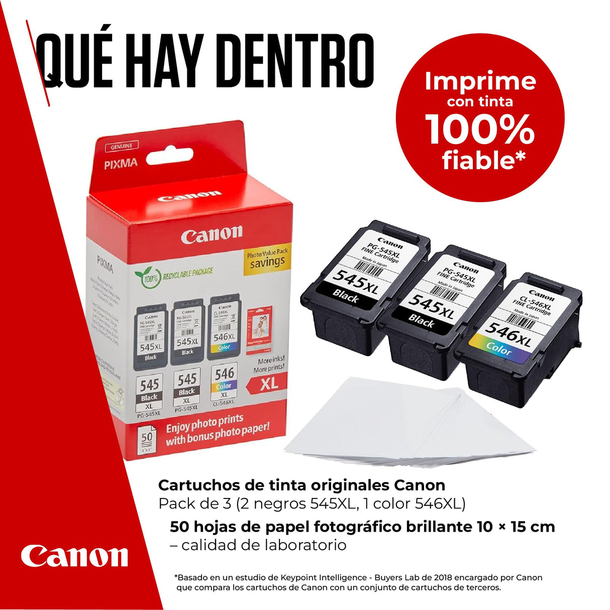 Canon Tinta y Papel - PG-545XL + CL-546XL - 3 Cartuchos Originales de Alta Capacidad (x 2 Negro x 1 Tricolor) + Papel fotográfico 10 x 15cm (50 Hojas)