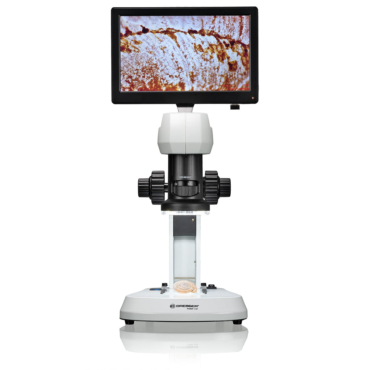 Bresser Microscopio LCD con análisis de luz y luz en 5 Niveles de Brillo, Zoom Continuo (0,7 x – 4,5 x), Pantalla de 22,5 cm y Enfoque Grueso y Fino, Blanco