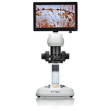 Bresser Microscopio LCD con análisis de luz y luz en 5 Niveles de Brillo, Zoom Continuo (0,7 x – 4,5 x), Pantalla de 22,5 cm y Enfoque Grueso y Fino, Blanco
