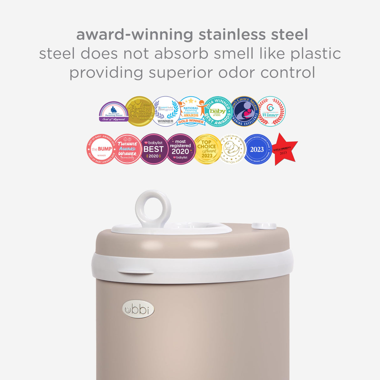 Ubbi Cubo de pañales de acero con bloqueo de olor, no requiere bolsa especial, ahorro de dinero, galardonado, cubo de pañales imprescindible de diseño moderno, color gris pardo