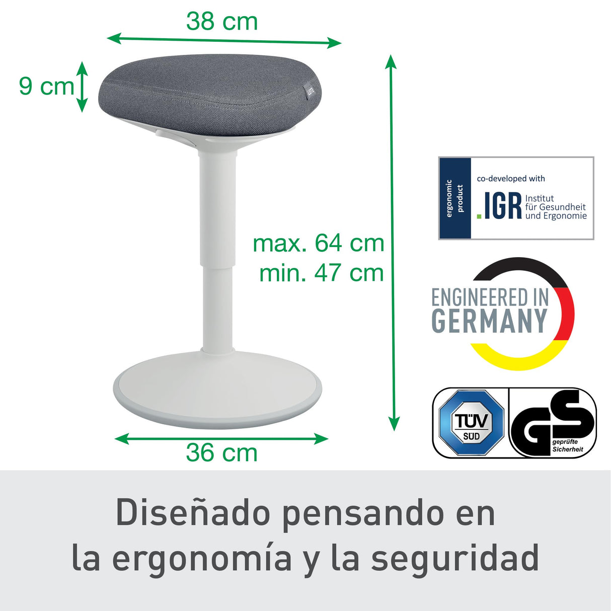 Leitz Ergo Taburete Ergonómico con Acolchado Doble, Altura Ajustable 47 a 64cm para Trabajo Sentado, Cubierta Fabricada con un 100% de Material Reciclado Post-Consumo, Gama Ergo, Gris Claro, 65440085