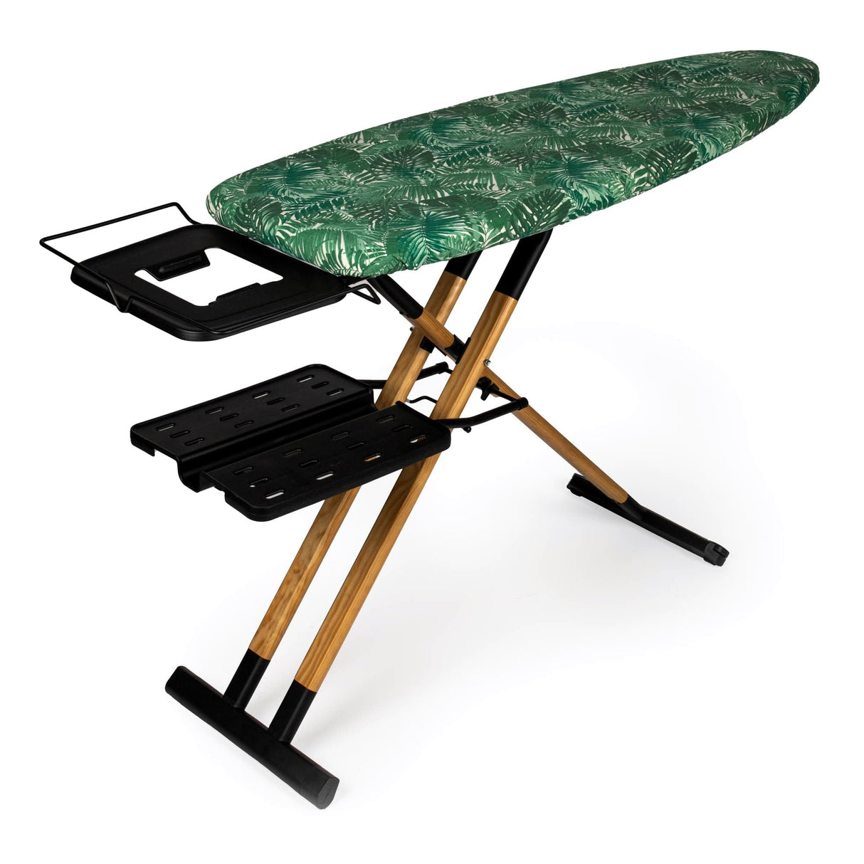 Tabla de Planchar GoldWoodVIP- 130x47 cm XXL, Madera Natural y Aluminio, Altura Regulable 98 cm, Estable, Ligera y Resistente, Ruedas, Soporte centro planchado + Bandeja para ropa, Fabricada en Europa