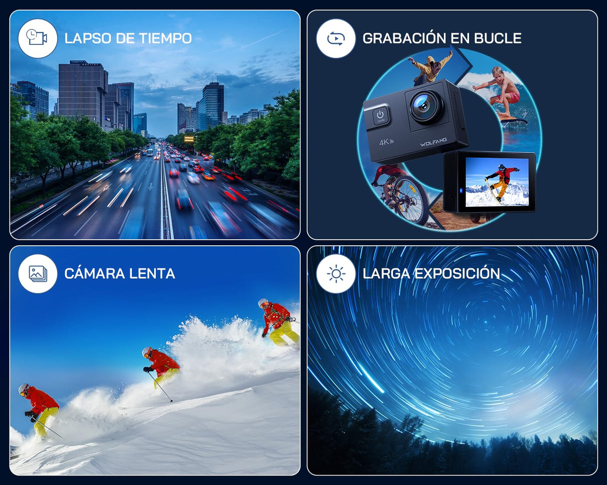 WOLFANG GA300 Cámara Acción 4K, Submarina 40m Impermeable con Tarjeta 32GB, WiFi 60FPS 24MP, Zoom 8X + Gran Angular 170° EIS, Mando 2.4G, Pantalla Táctil, 2 Baterías 1350mAh