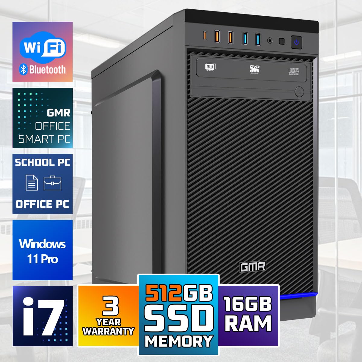 GMR Ultra i7 Office PC - Ordenador de Oficina para Empresas | 3 Años de Garantía | 16 GB de RAM | SSD M.2 de 512 GB | USB 3 | Windows 11 Pro | WiFi-Bluetooth