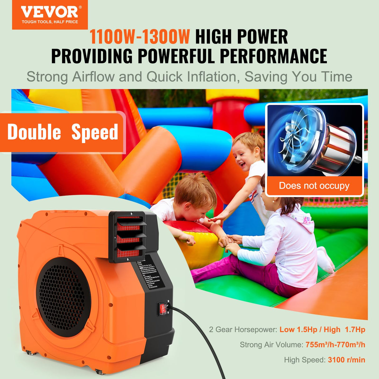 VEVOR Soplador Inflable 1100 W, 1,5 y 1,7 HP, Soplador de Aire Comercial para Inflables, Ventilador Eléctrico de Castillo Hinchable de 3100 RPM Casa de Rebote, Toboganes Acuáticos 387 x 275 x 423 mm