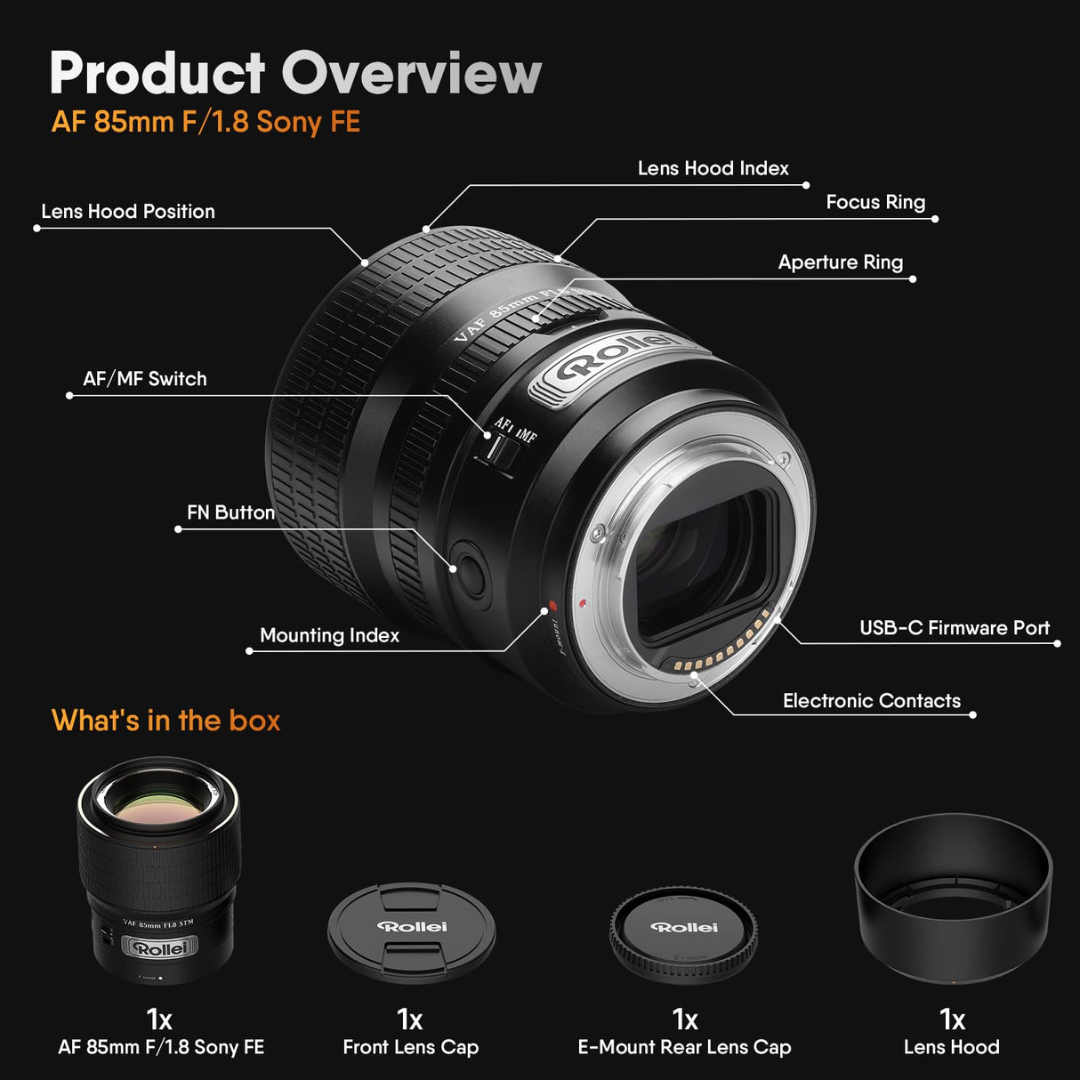 Rollei AF 85 mm F/1.8 Objetivo Fotograma Completo para Sony FE con Autofoco STM | Cuerpo de Metal 477g Compatible con APS-C FX30/ZV-E10/A6000–A6700/A5000/A5100 y Full Frame ZV-E1/FX3/A1/A9/A7 Series