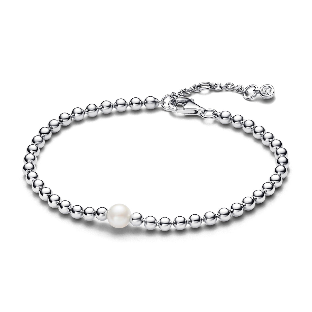 Pandora Timeless Pulsera con cuentas de plata de ley con perla blanca cultivada de agua dulce tratada y circonitas cúbicas transparentes, 16