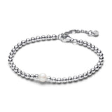 Pandora Timeless Pulsera con cuentas de plata de ley con perla blanca cultivada de agua dulce tratada y circonitas cúbicas transparentes, 16