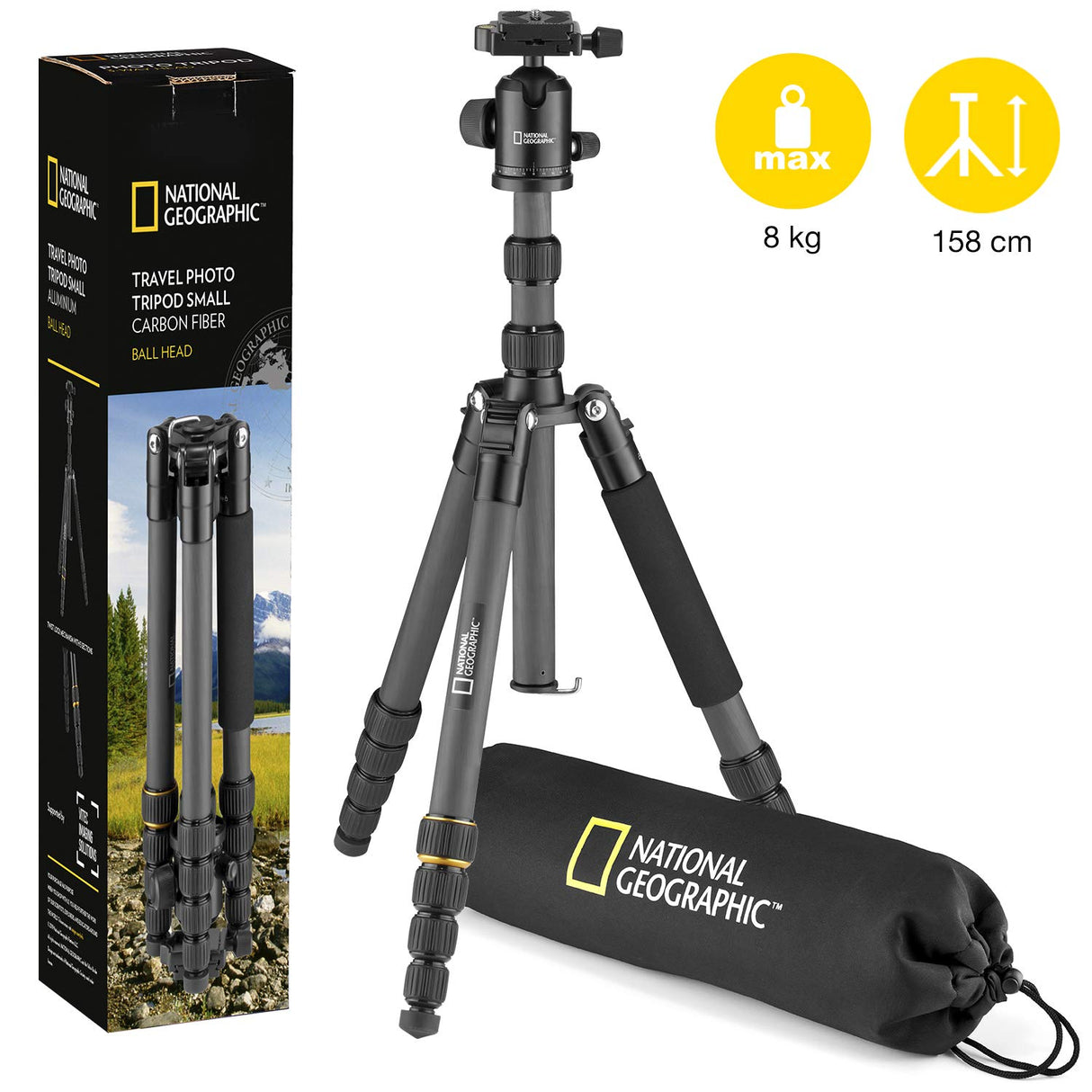National Geographic NGTR004CF - Kit de trípode de viaje con monopié, fibra de carbono, patas de 5 secc., bloqueo por torsión, peso 8 kg, bolso, rótula, liberación rápida, color negro