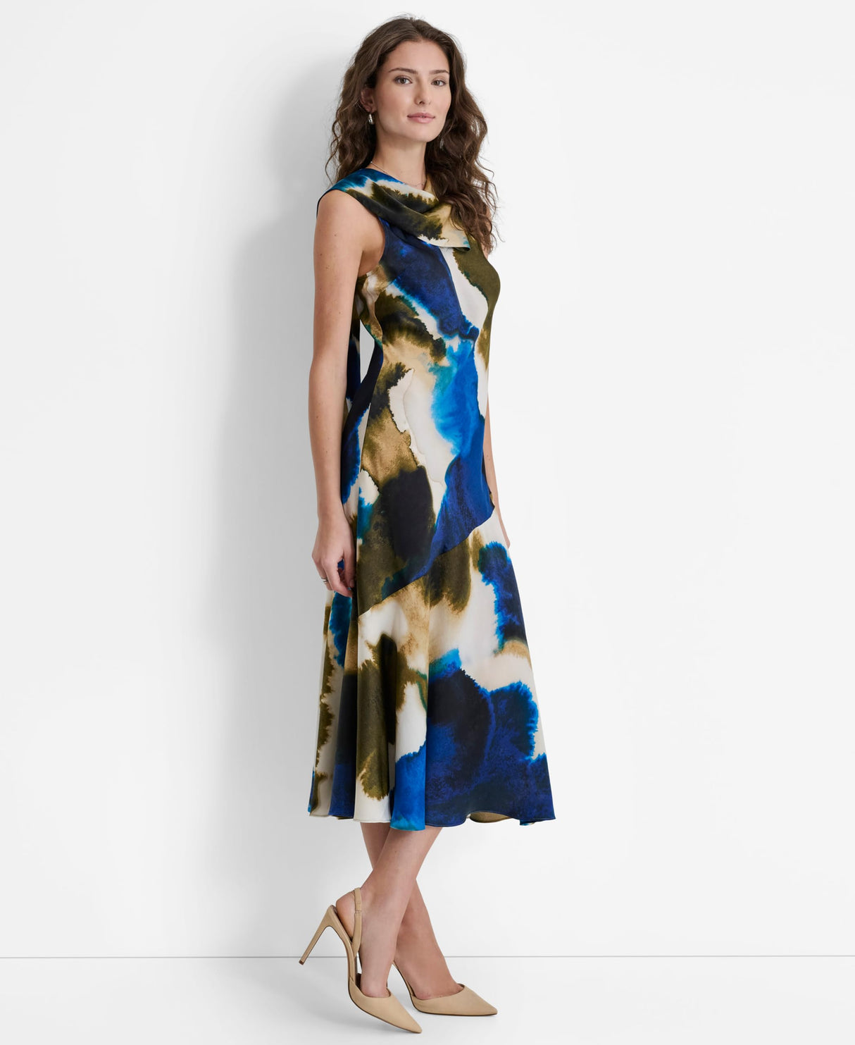 DKNY Sleeveless Printed Tie Neck Vestido, Remolino de Tinta explotado, M Mujeres