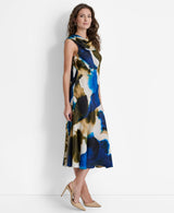 DKNY Sleeveless Printed Tie Neck Vestido, Remolino de Tinta explotado, M Mujeres