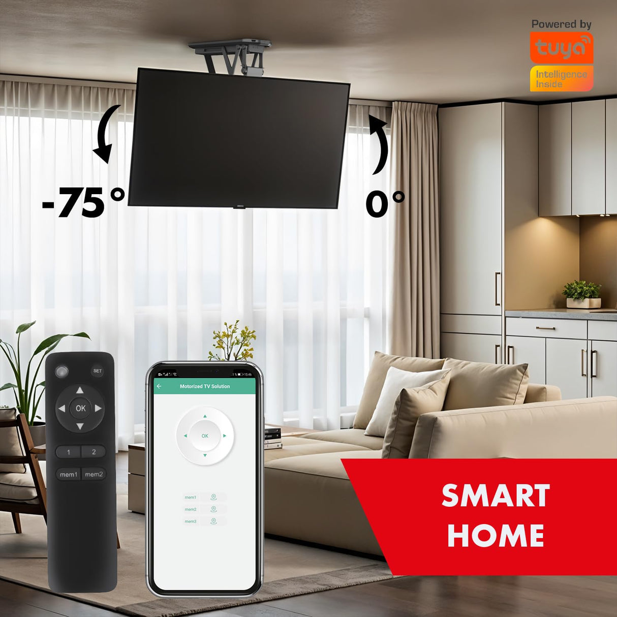 Maclean Soporte de Techo para TV para 23-55'' Motorizado Electrico | Inclinable de 0° a -75° | Mando a Distancia Función de Memoria | Control de la App Tuya | MAX. VESA 400x400 | Carga MAX. 30 kg